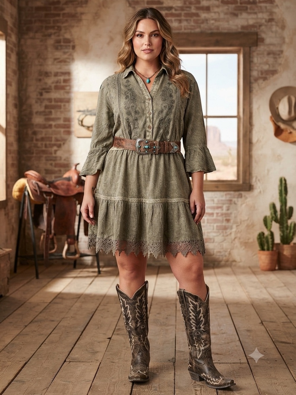 Embroidered Dress with Lace-Trim in Olive Green